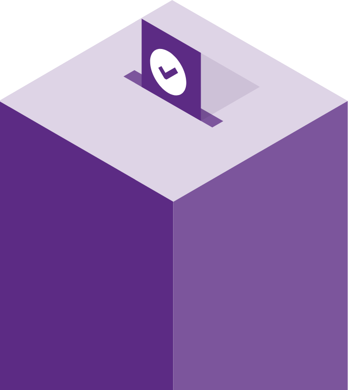 A ballot box with a ballot sticking out of the hole in the top.